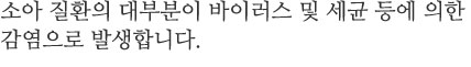 소아 질환의 대부분이 바이러스 및 세균 등에 의한 감염으로 발생합니다. 발열은 소아에게 있어서 가장 흔하고 심각하게 받아들여지는 증상입니다. 